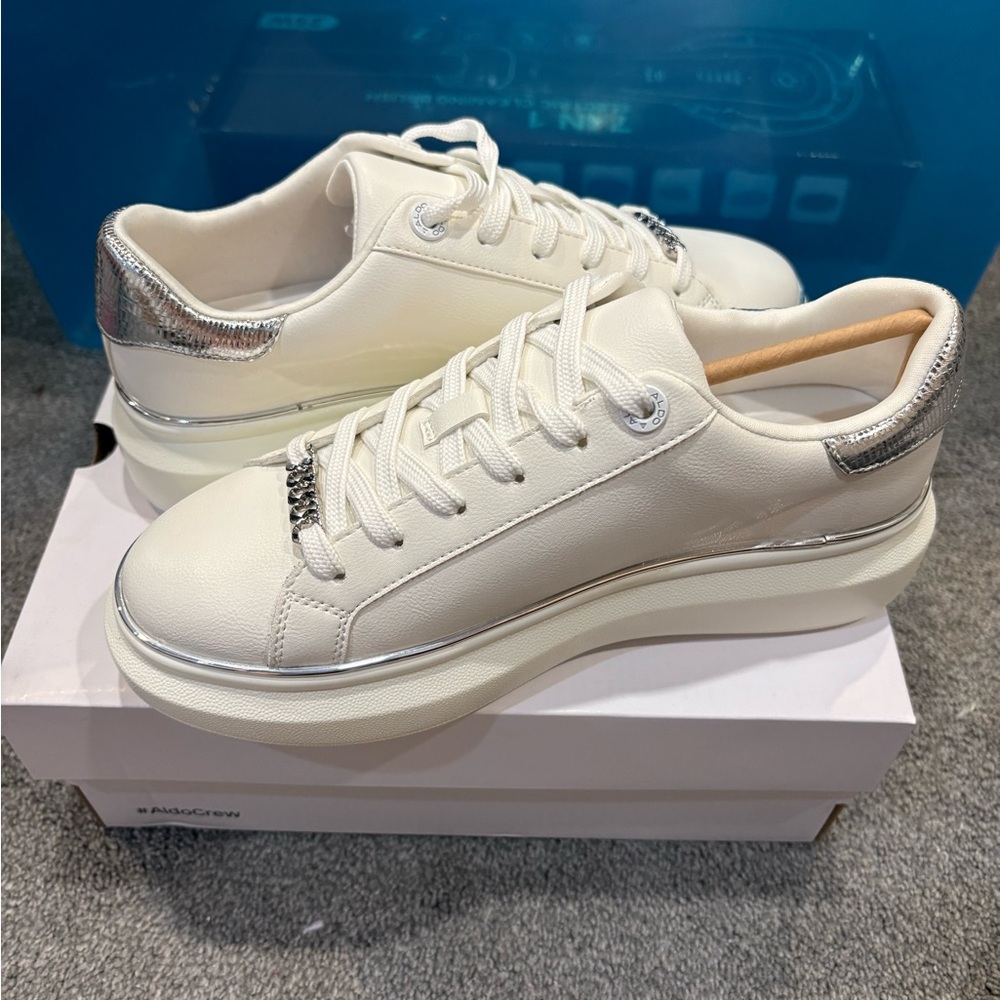 Aldo White Platform Sneakers with Silver Heel Trim